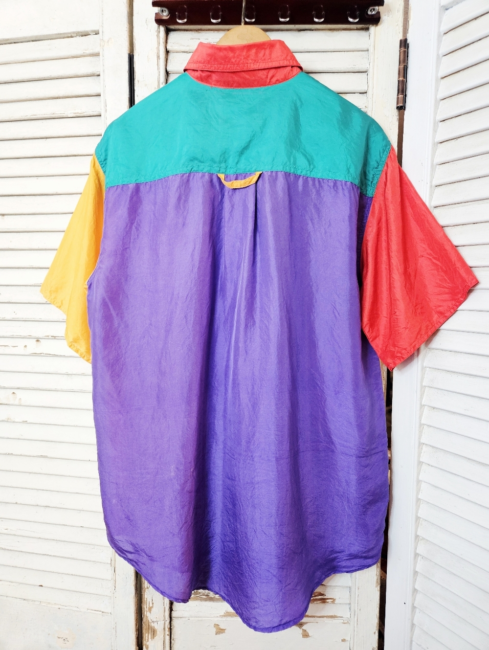 Vintage 90s 100% Silk Colourblock Blouse Red, Purple, Yellow Small *flaws* - Picture 8 of 16